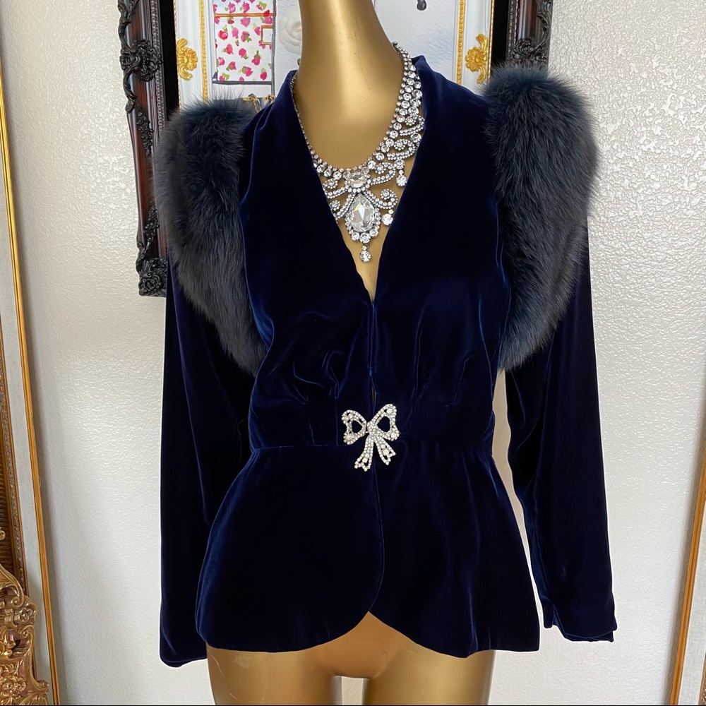 Elegant Navy Velvet Jacket with Fur Accents